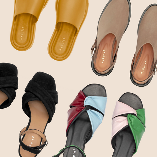 Four different pair of shoes of various styles and colors